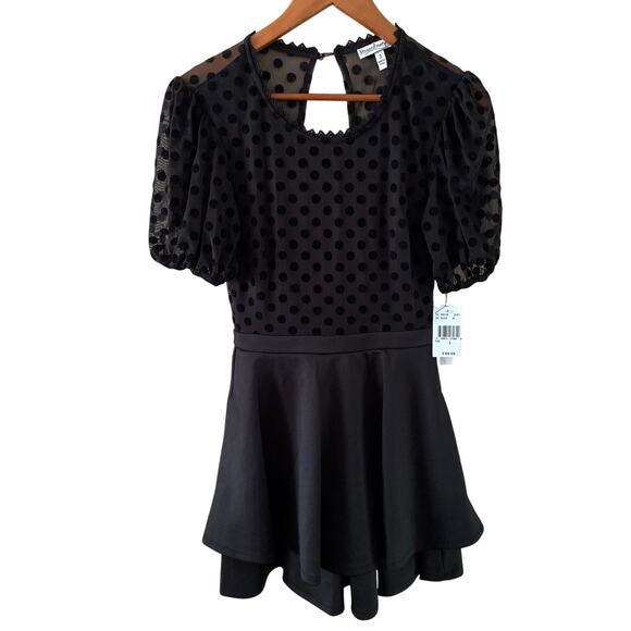 Xtraordinary Black Dress Polka Dot Short Puff Sleeve Sheer Skater Dress Size 3 - Picture 1 of 13